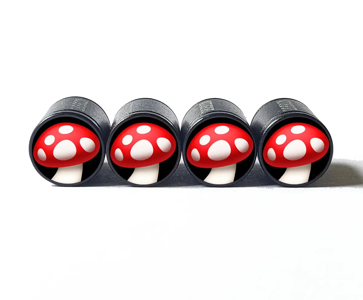 Cute Mushroom Tire Valve Caps - Black Aluminum - Set Of Four 1