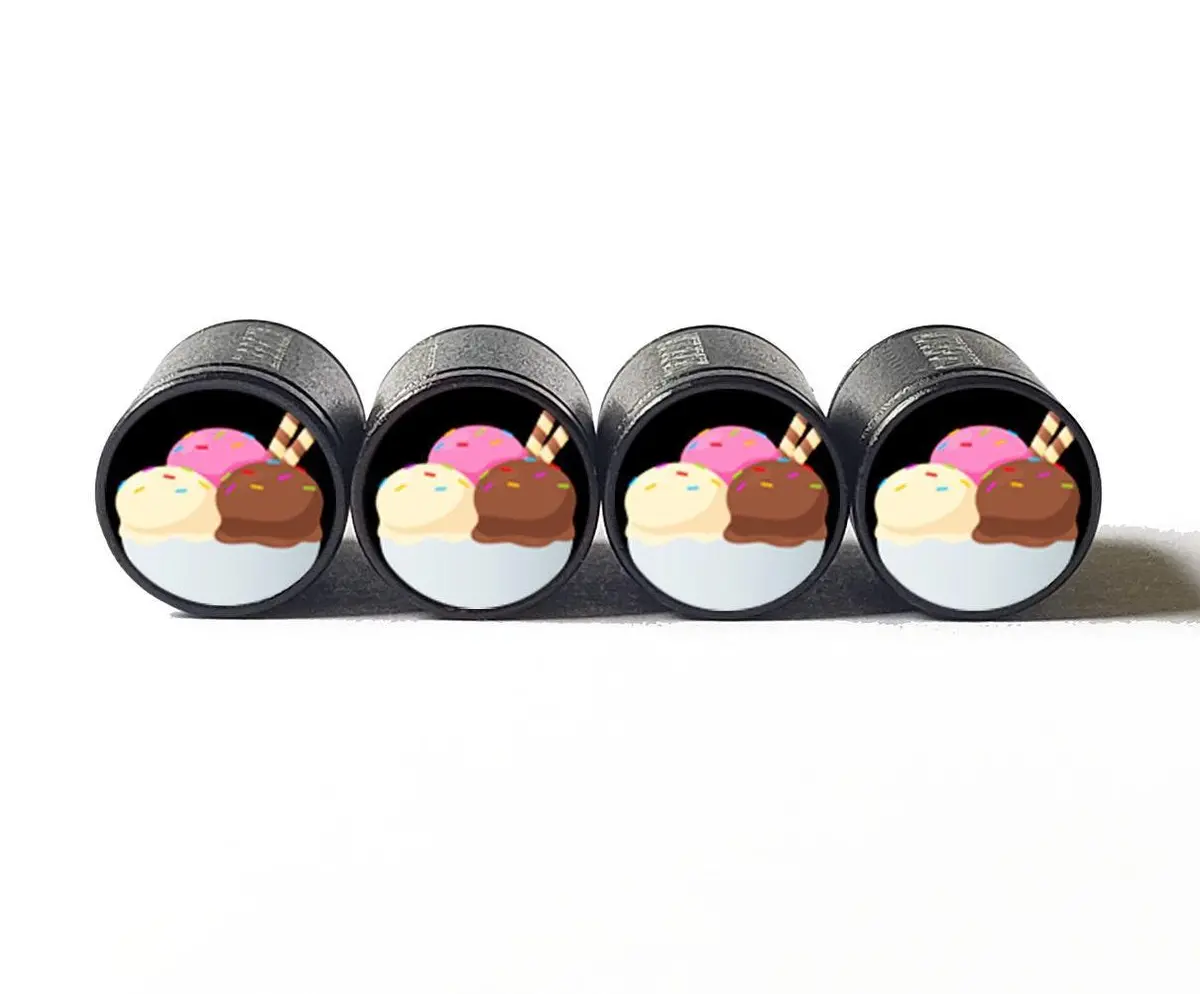 Neapolitan Ice Cream Emoji Tire Valve Caps - Black Aluminum - Set Of 4 1