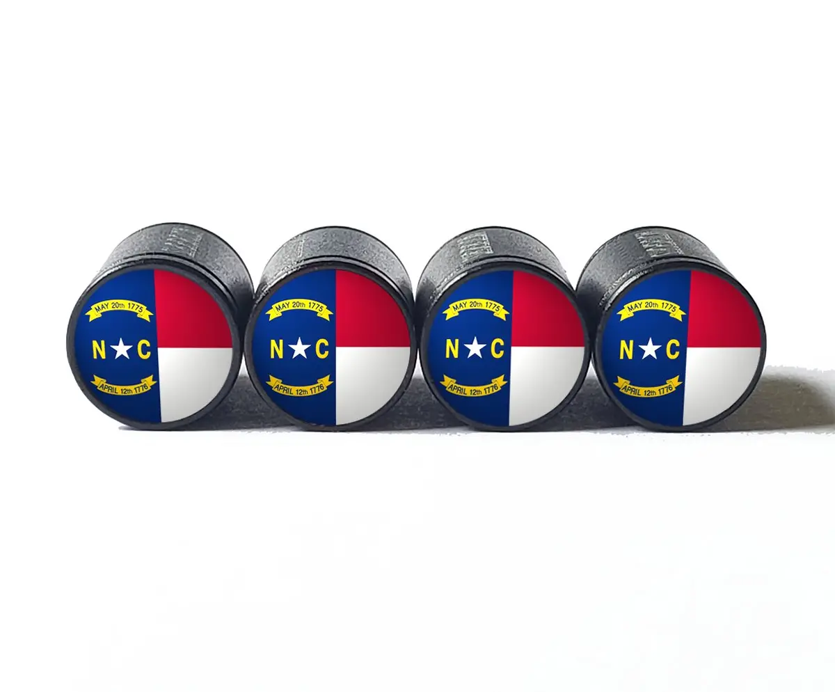 North Carolina State Flag Tire Valve Caps - Black Aluminum - Set Of Four 1