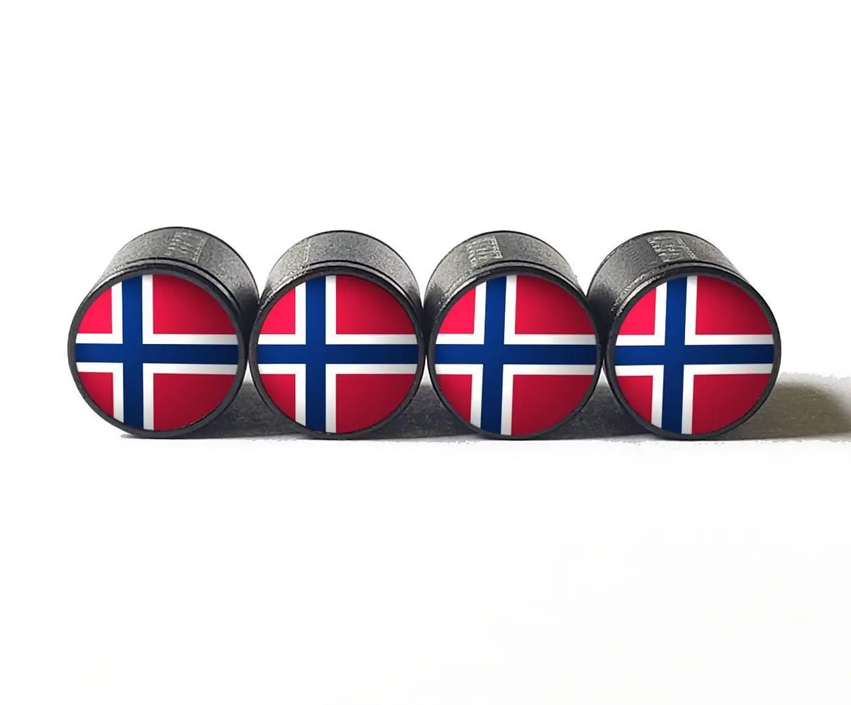 Norway Flag Tire Valve Stem Caps - Black Aluminum - Set Of Four 1