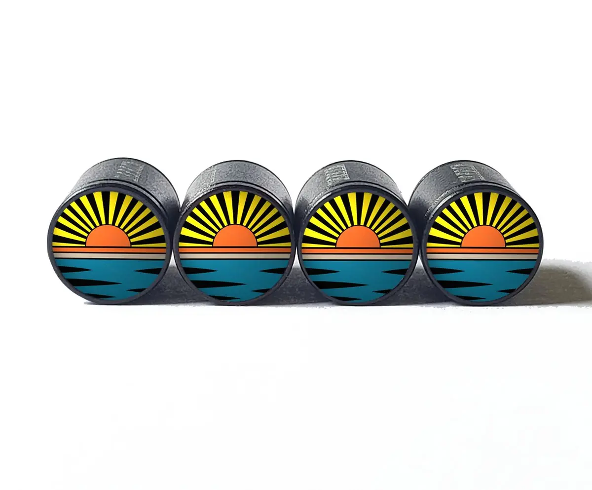 Ocean Horizon Sunrise Sunset Tire Valve Caps - Black Aluminum - Set Of Four 1