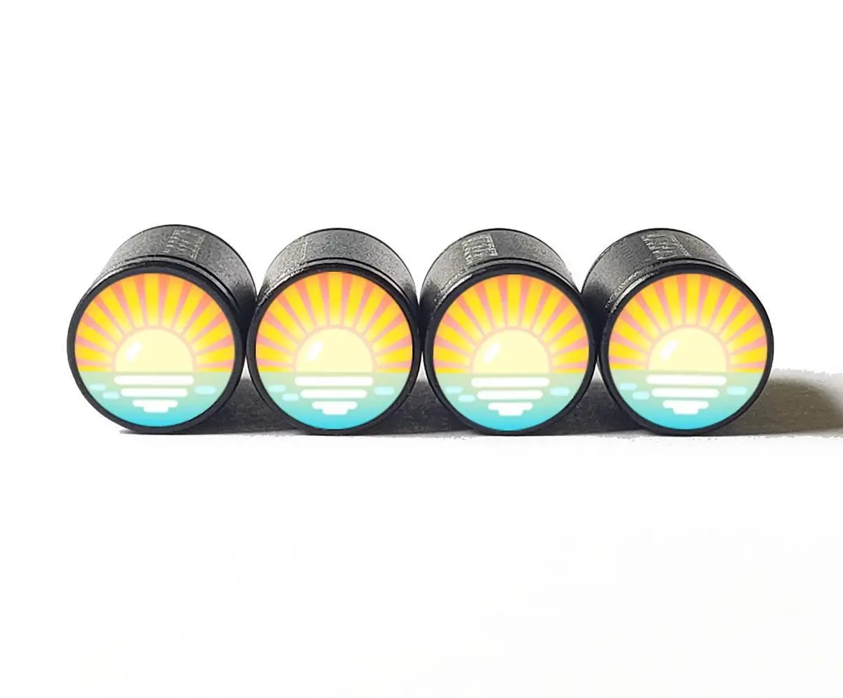 Ocean Sunrise Sunset Emoji Tire Valve Caps - Black Aluminum - Set Of 4 1