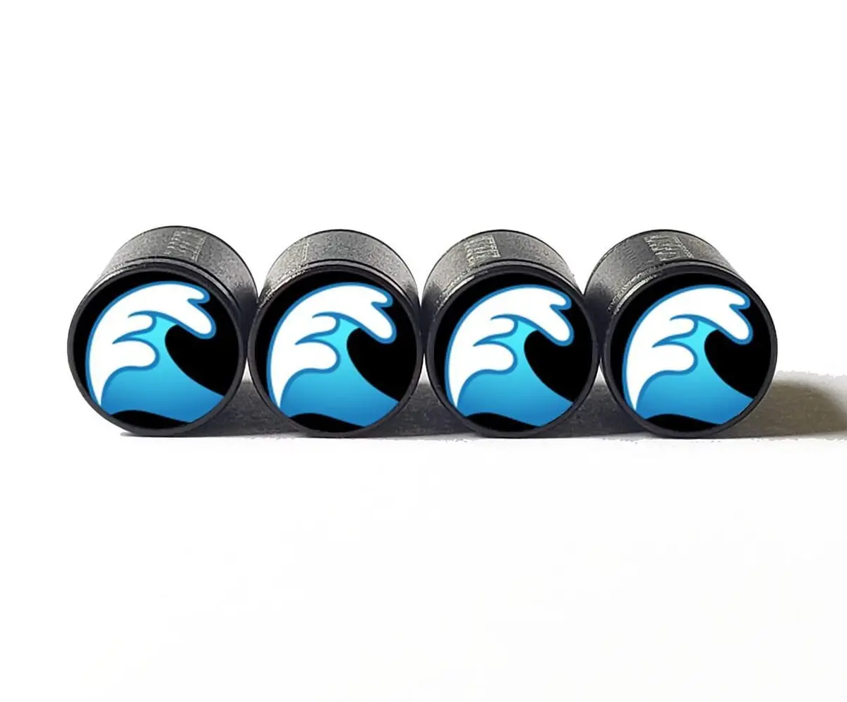 Ocean Wave Emoji Tire Valve Stem Caps - Black Aluminum - Set Of Four 1