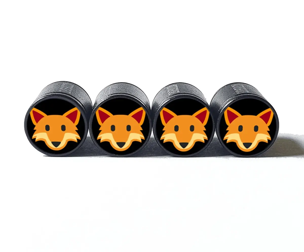 Orange Fox Face Emoji Tire Valve Caps - Black Aluminum - Set Of Four 1