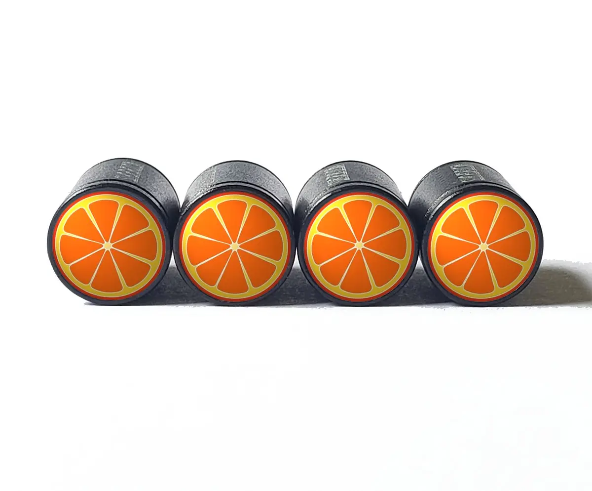Orange Half Tire Valve Caps - Black Aluminum - Set Of Four 1