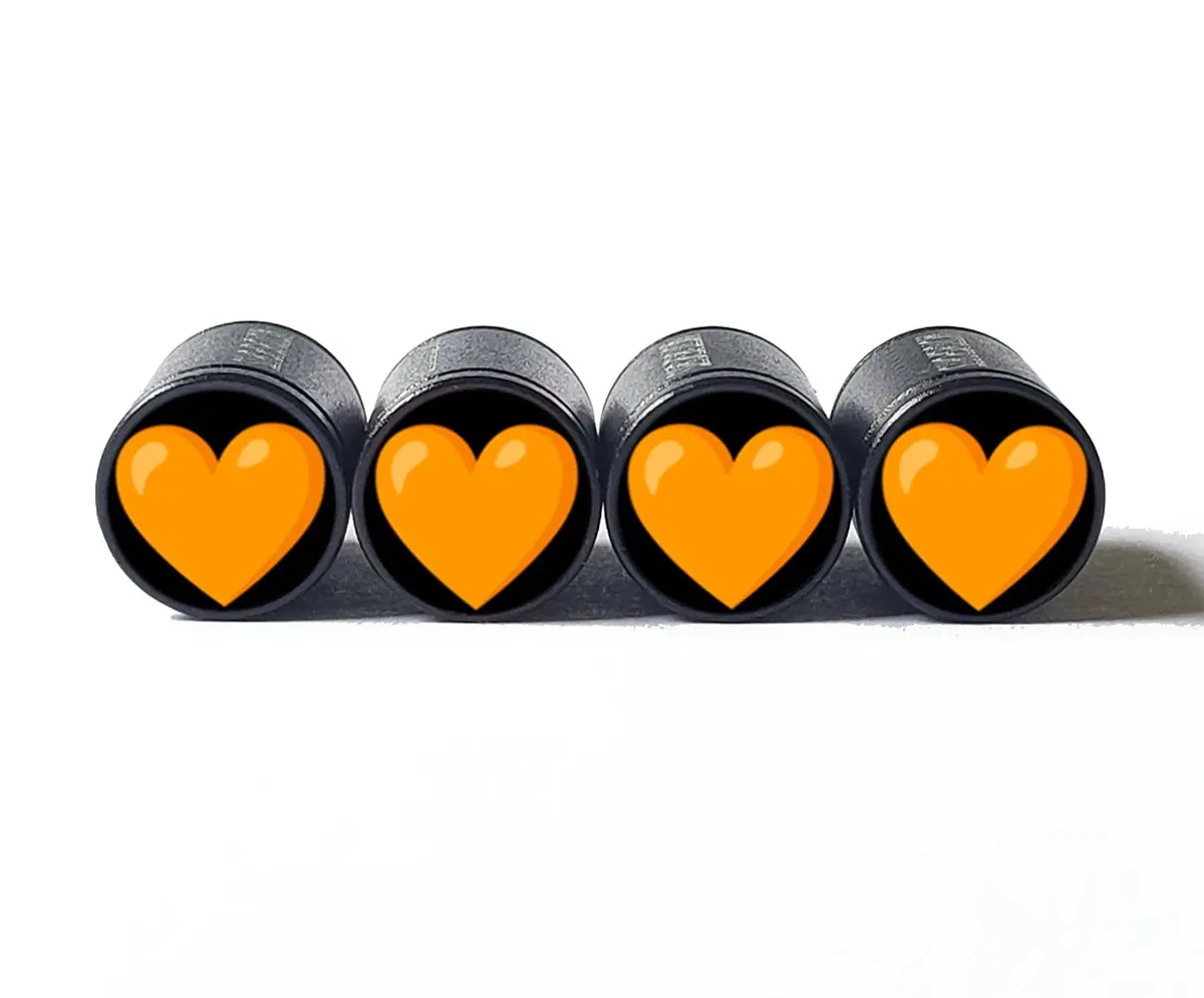 Orange Heart Emoji Tire Valve Caps - Black Aluminum - Set Of Four 1