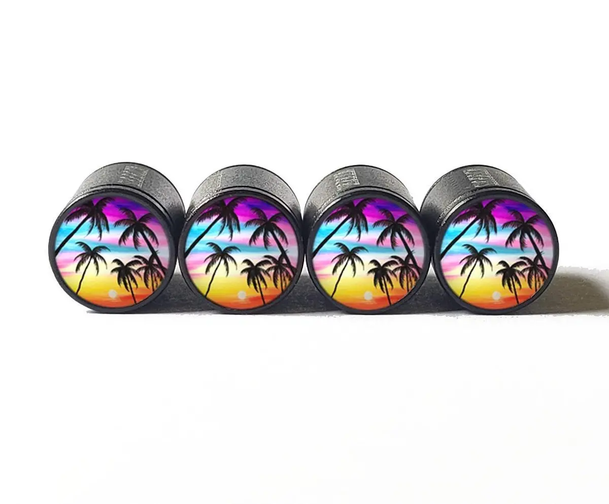 Exotic Beach Palm Trees (Style 1) Tire Valve Caps - Black Aluminum - Set Of Four 1