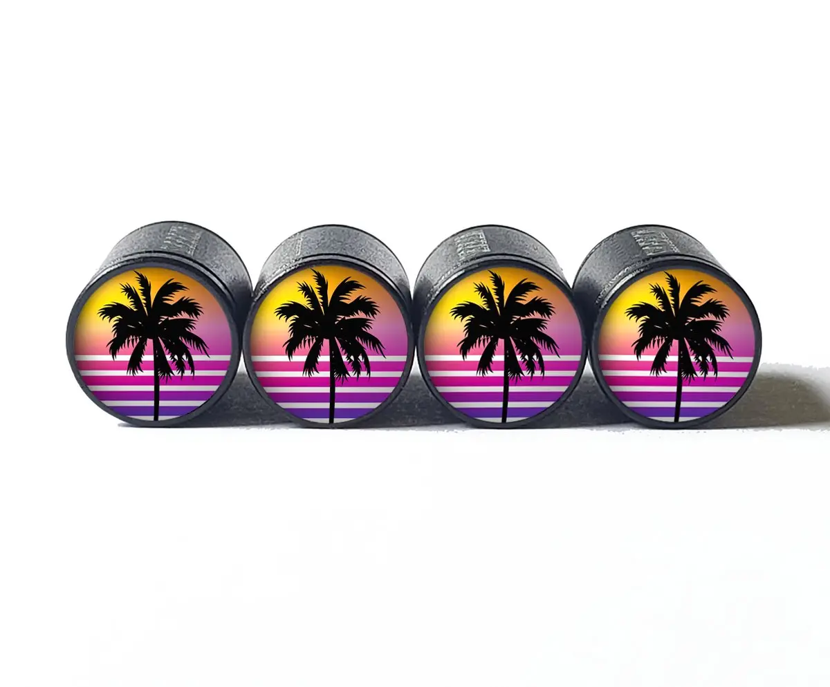 Exotic Beach Palm Tree (Style 10) Tire Valve Caps - Black Aluminum - Set Of Four 1