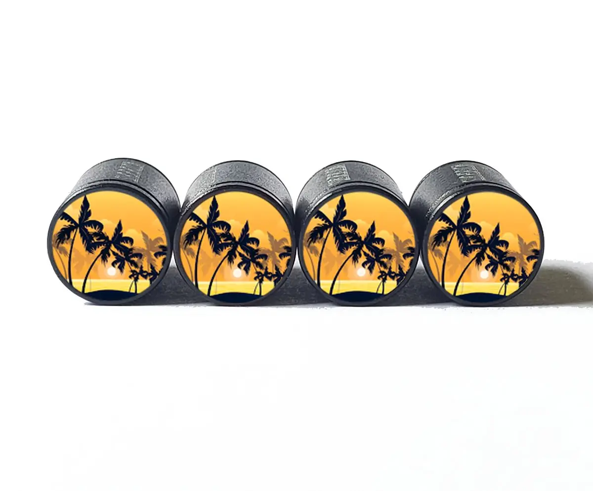 Exotic Beach Palm Trees (Style 11) Tire Valve Caps - Black Aluminum - Set Of Four 1