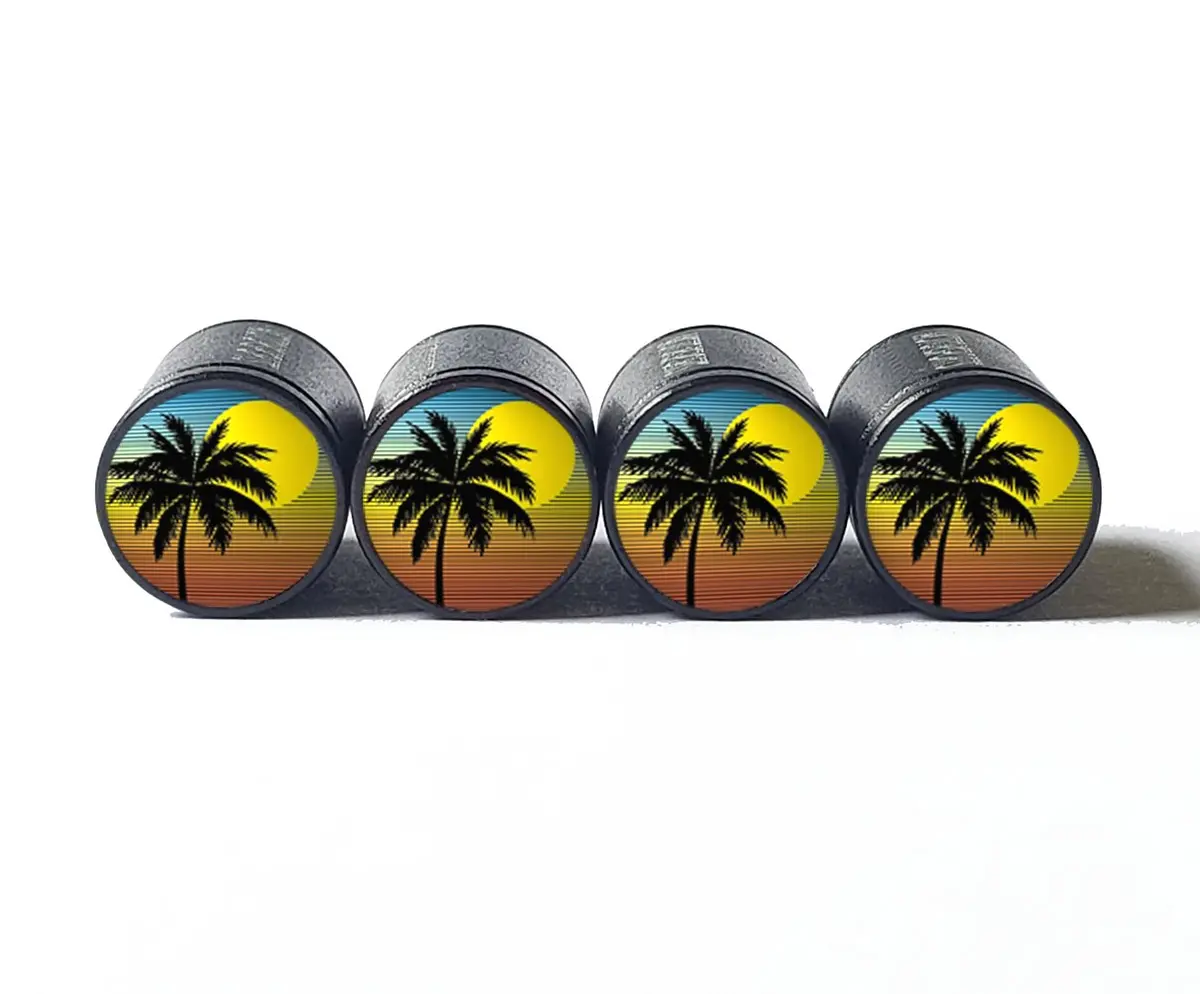 Exotic Beach Palm Trees (Style 12) Tire Valve Caps - Black Aluminum - Set Of Four 1