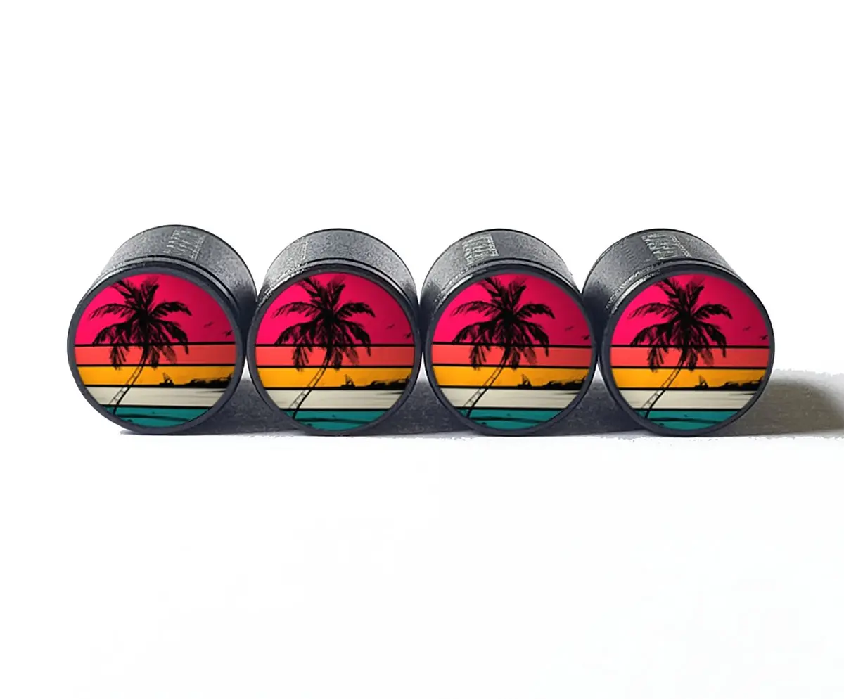 Exotic Beach Palm Tree (Style 13) Tire Valve Caps - Black Aluminum - Set Of Four 1