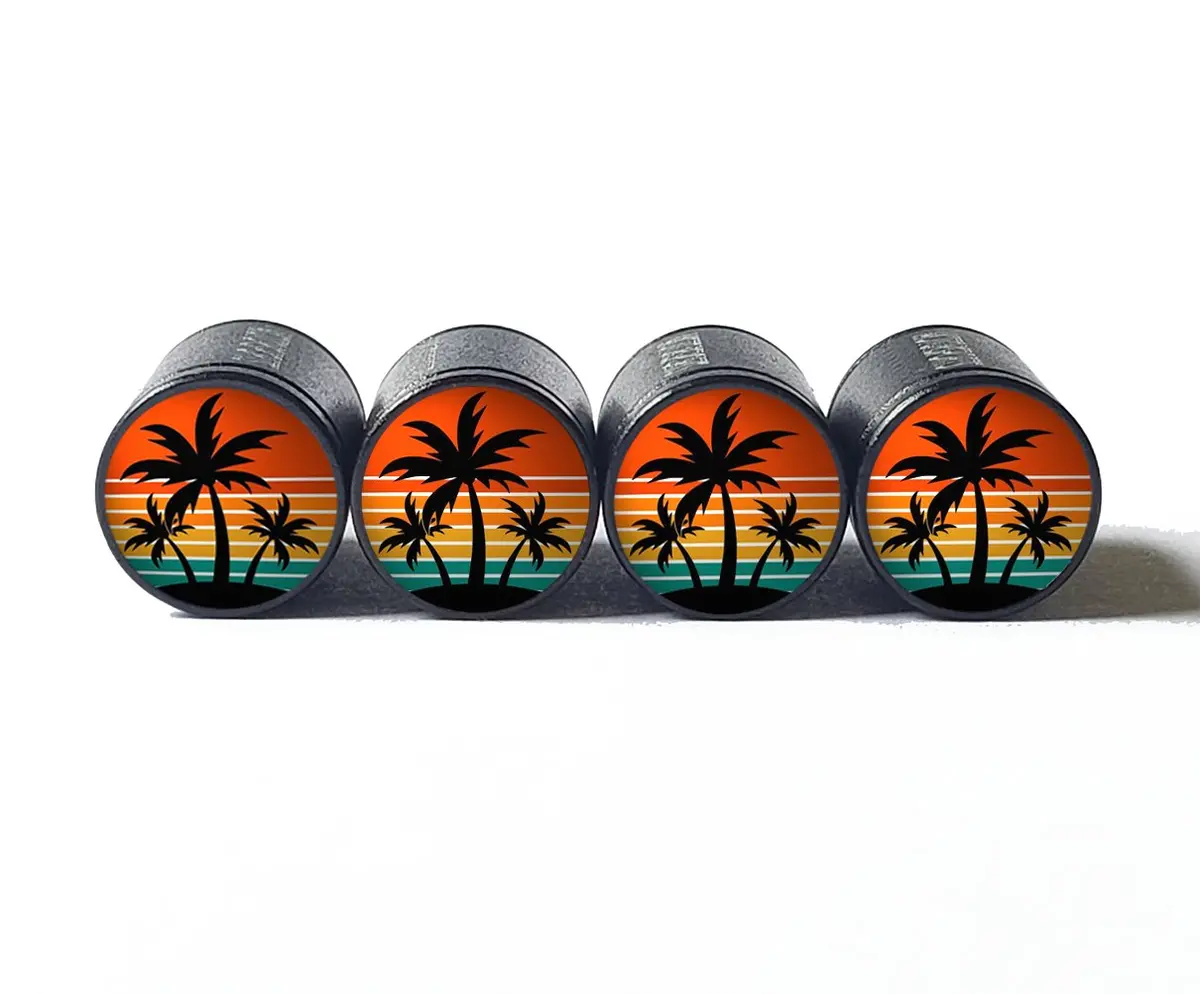 Exotic Beach Palm Trees (Style 14) Tire Valve Caps - Black Aluminum - Set Of Four 1