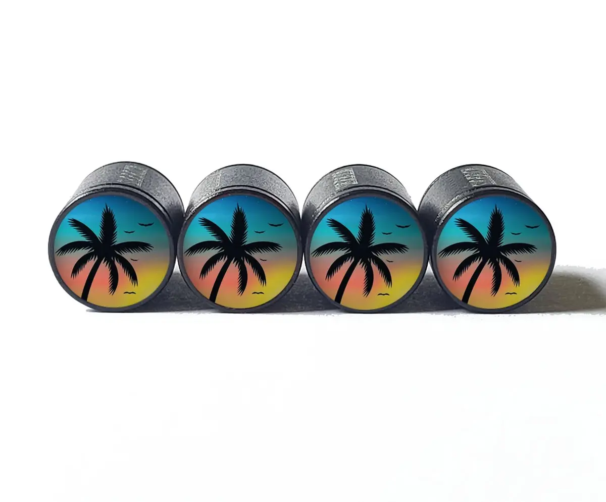 Exotic Beach Palm Trees (Style 15) Tire Valve Caps - Black Aluminum - Set Of Four 1