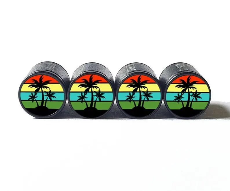 Exotic Beach Palm Trees (Style 5) Tire Valve Caps - Black Aluminum - Set Of Four 1
