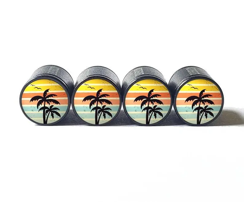 Exotic Beach Palm Trees (Style 8) Tire Valve Caps - Black Aluminum - Set Of Four 1