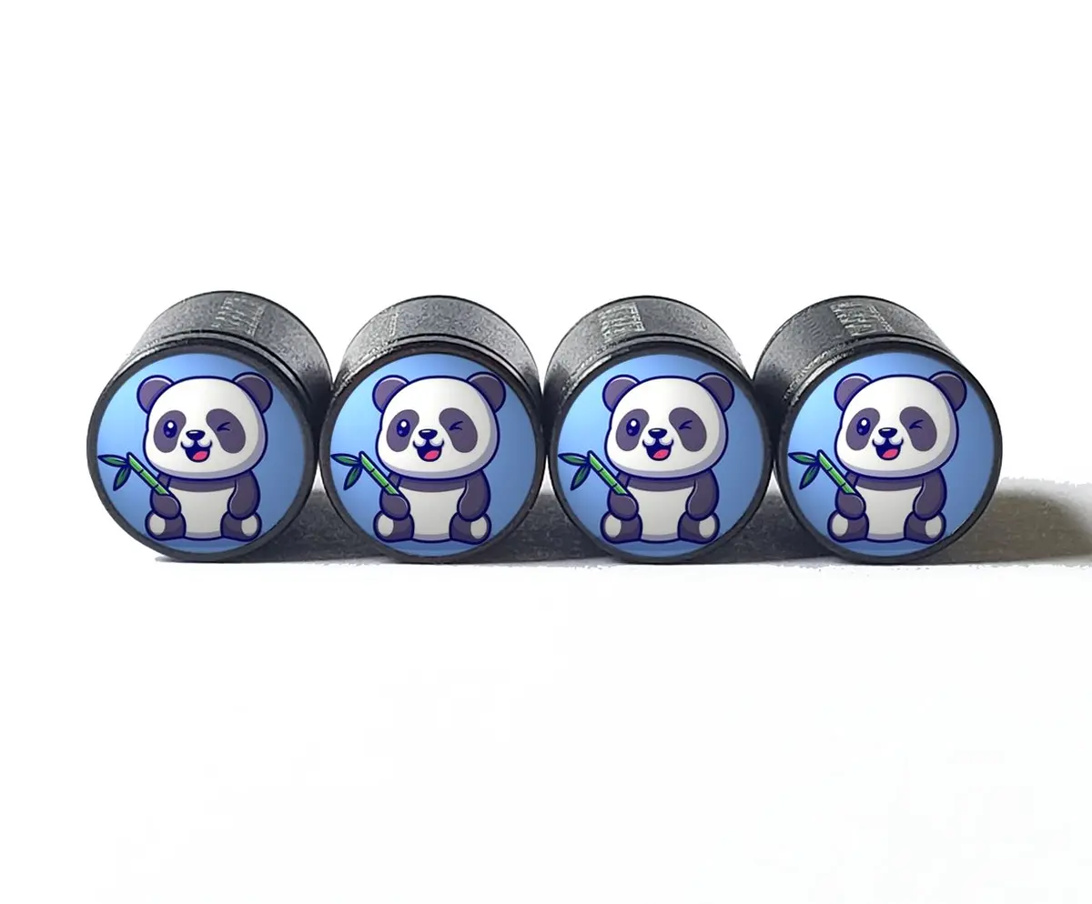 Panda Bear (Style 2) Tire Valve Caps - Black Aluminum - Set Of Four 1