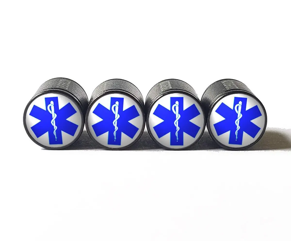 Paramedic - Star Of Life - Tire Valve Caps - Black Aluminum - Set Of 4 1