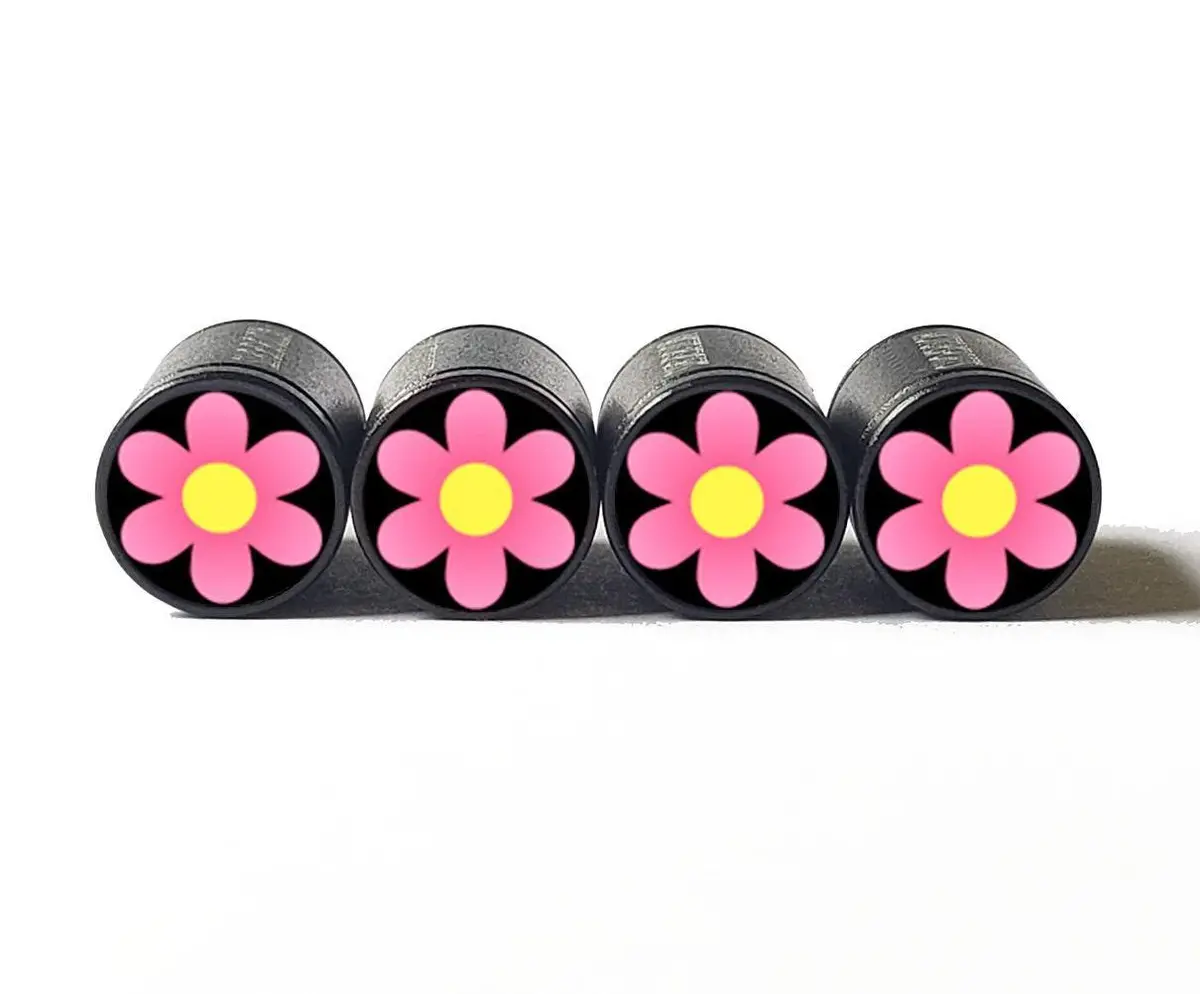 Pink And Yellow Flower Tire Valve Caps - Black Aluminum - Set Of Four 1