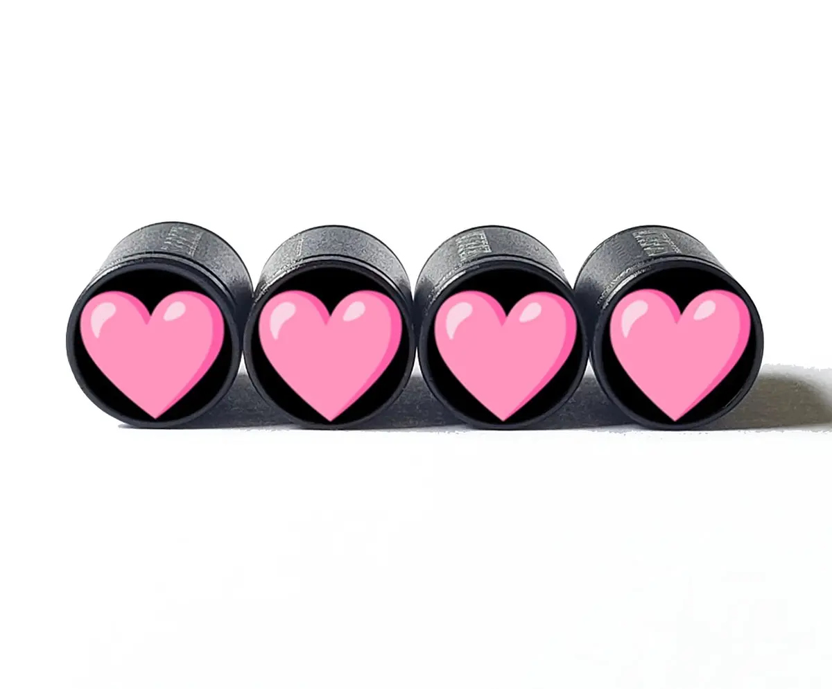 Pink Heart Emoji Tire Valve Caps - Black Aluminum - Set Of Four 1