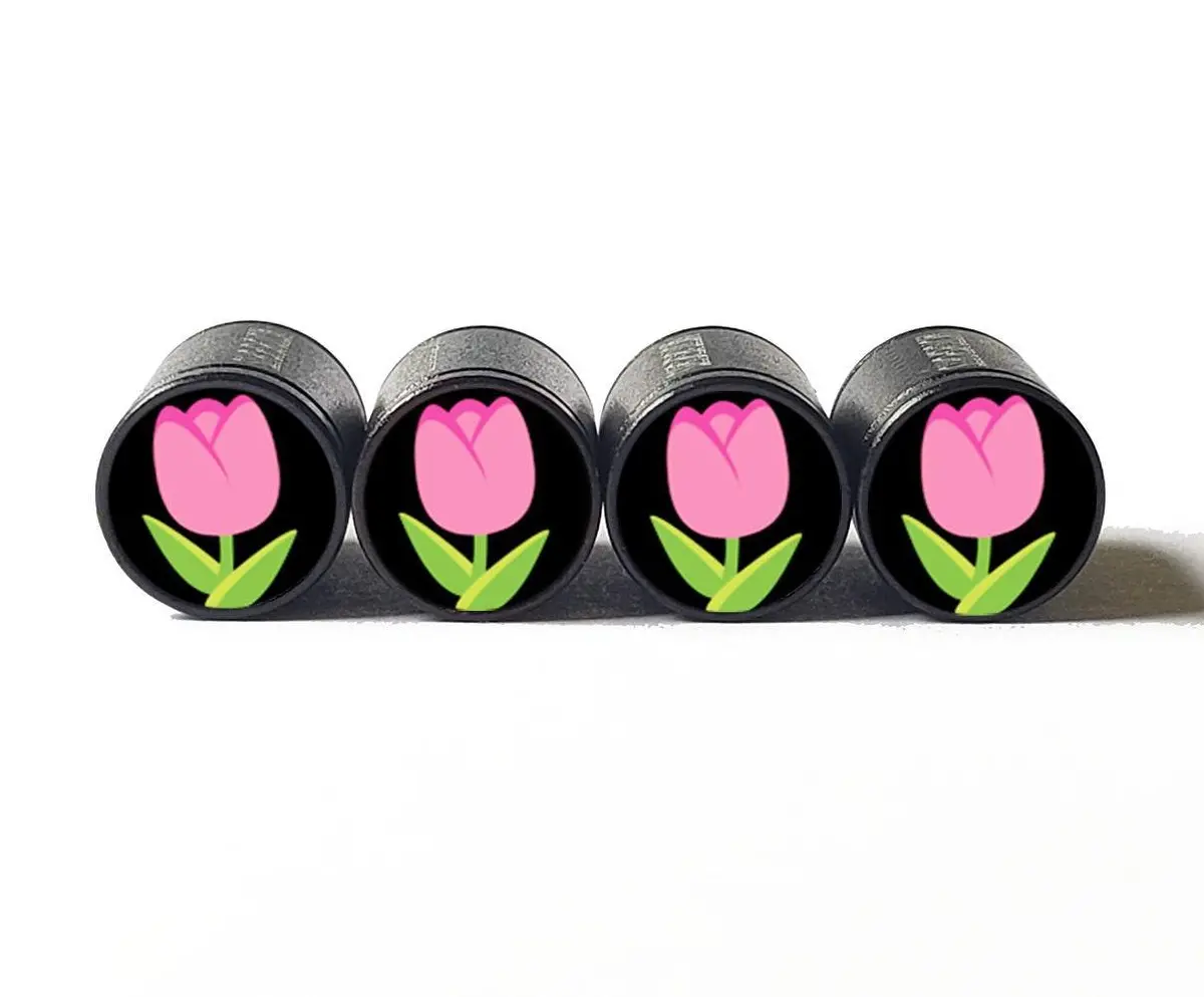 Pink Tulip Flower Emoji Tire Valve Caps - Black Aluminum - Set Of Four 1