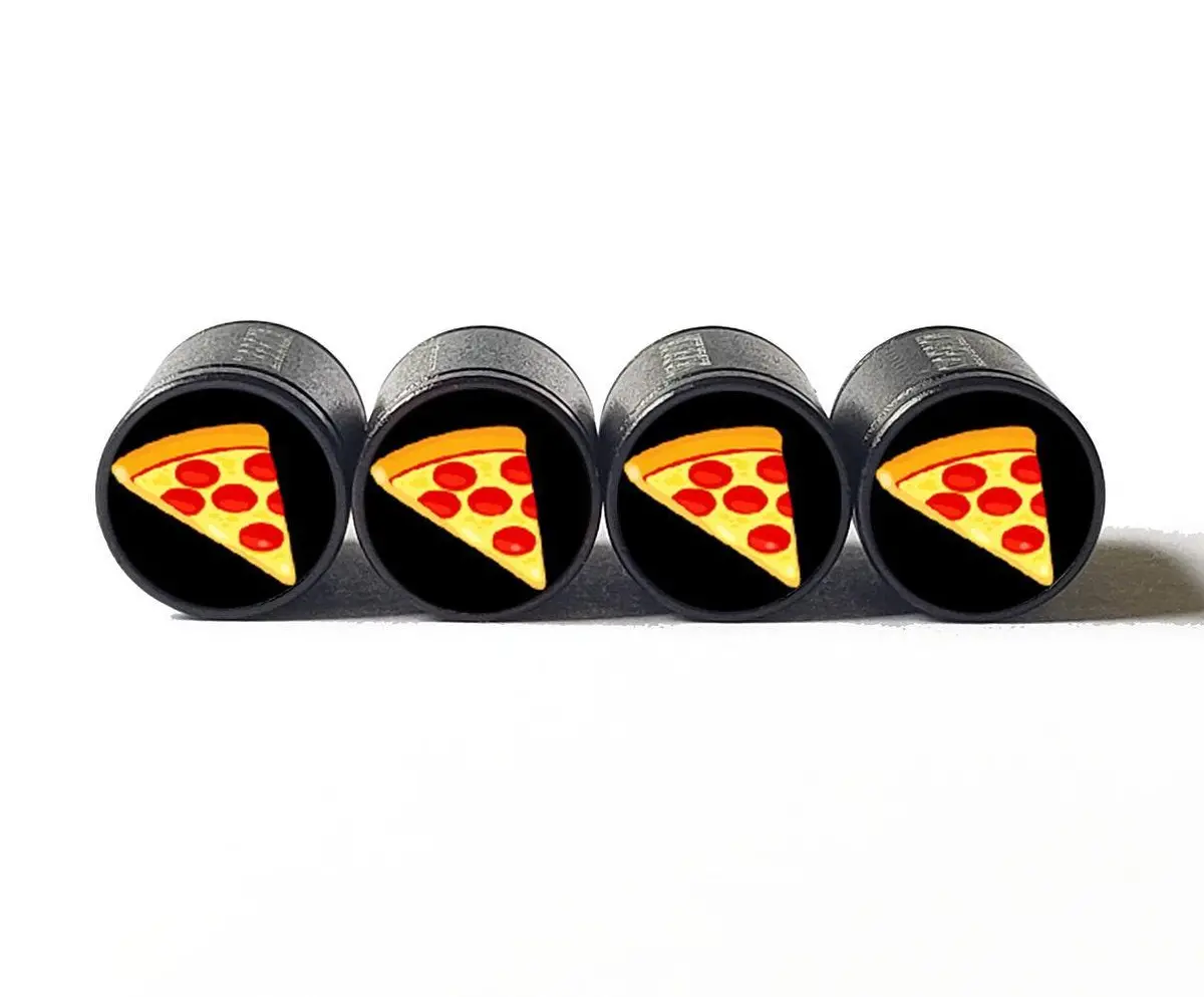 Pepperoni Pizza Tire Valve Caps - Black Aluminum - Set Of Four 1