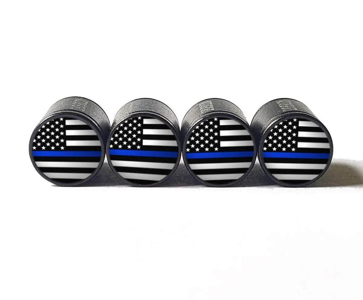Police Blue Line (American Flag) Tire Valve Caps - Aluminum - Set Of 4 1