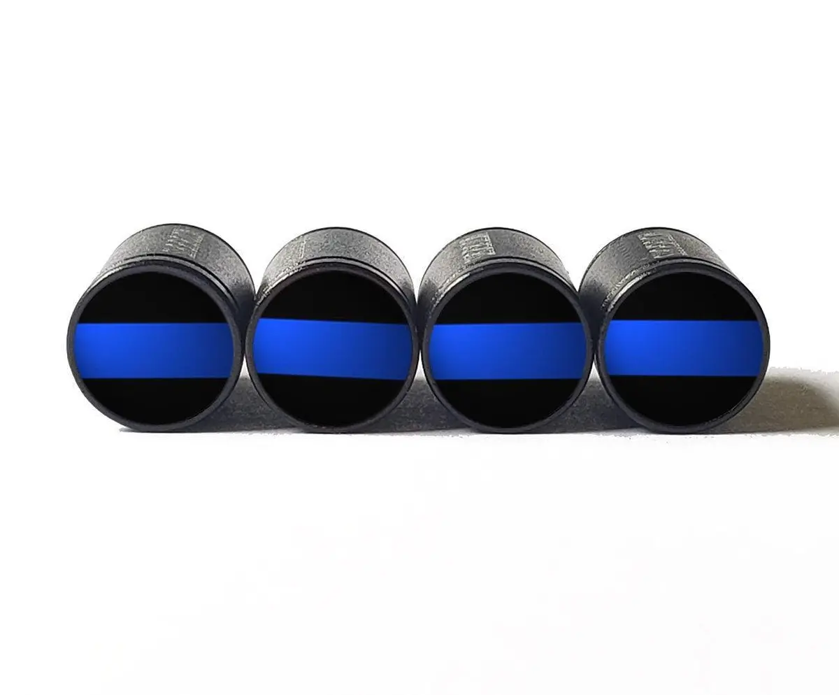 Police Blue Line Flag Tire Valve Caps - Black Aluminum - Set Of Four 1
