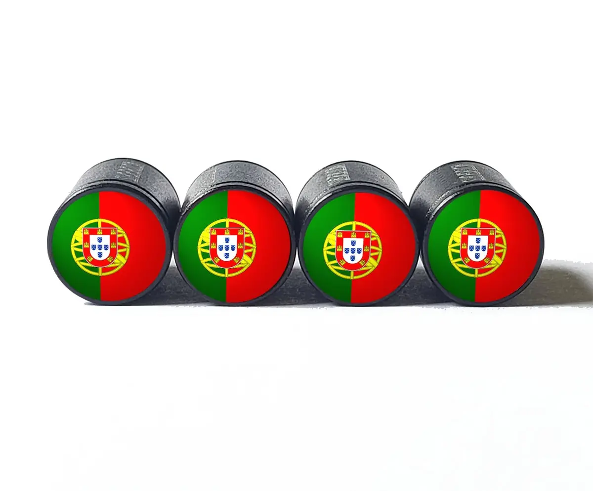 Portugal Flag Tire Valve Caps - Black Aluminum - Set Of Four 1