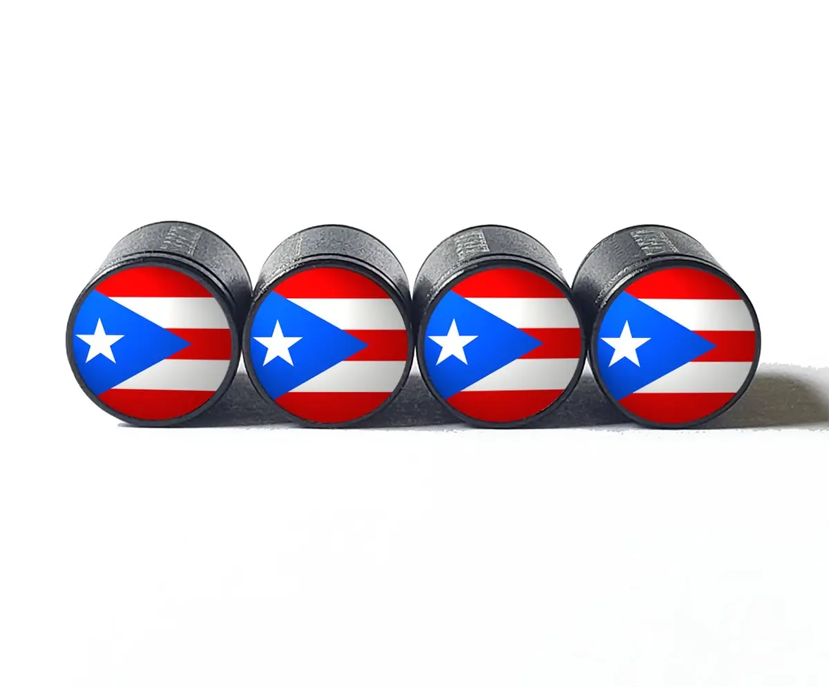 Puerto Rico Flag Tire Valve Stem Caps - Black Aluminum - Set Of Four 1