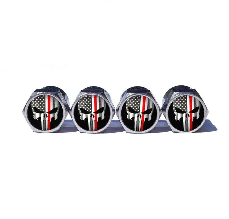 Punisher Fire Fighter Red Line Valve Caps - Chrome Coated - Set Of 4 1