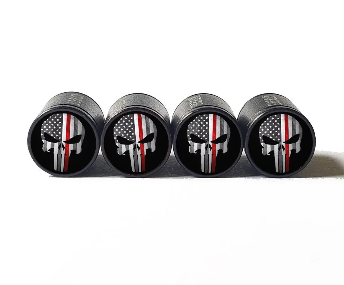 Punisher Firefighter Red Line Tire Valve Caps - Aluminum - Set Of Four 1