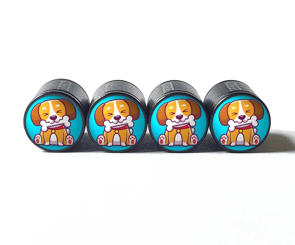 Cute Puppy Dog With Bone Tire Valve Caps - Black Aluminum - Set Of Four 1