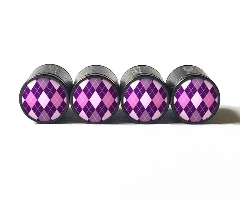 Purple Argyle Tire Valve Stem Caps - Black Aluminum - Set Of Four 1