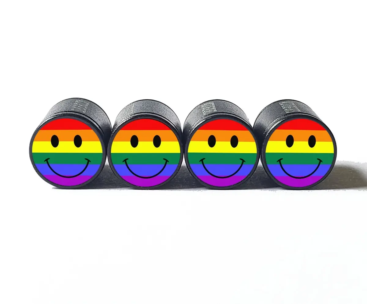 Rainbow Happy Face Tire Valve Caps - Black Aluminum - Set Of Four 1