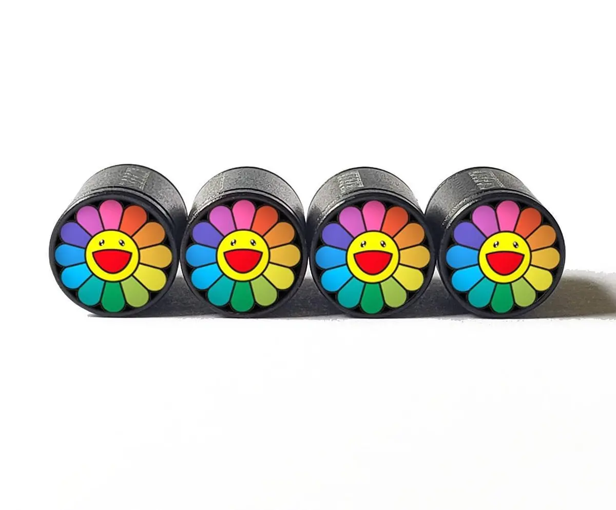 Rainbow Daisy Smiley Face Tire Valve Caps - Black Aluminum - Set Of Four 1