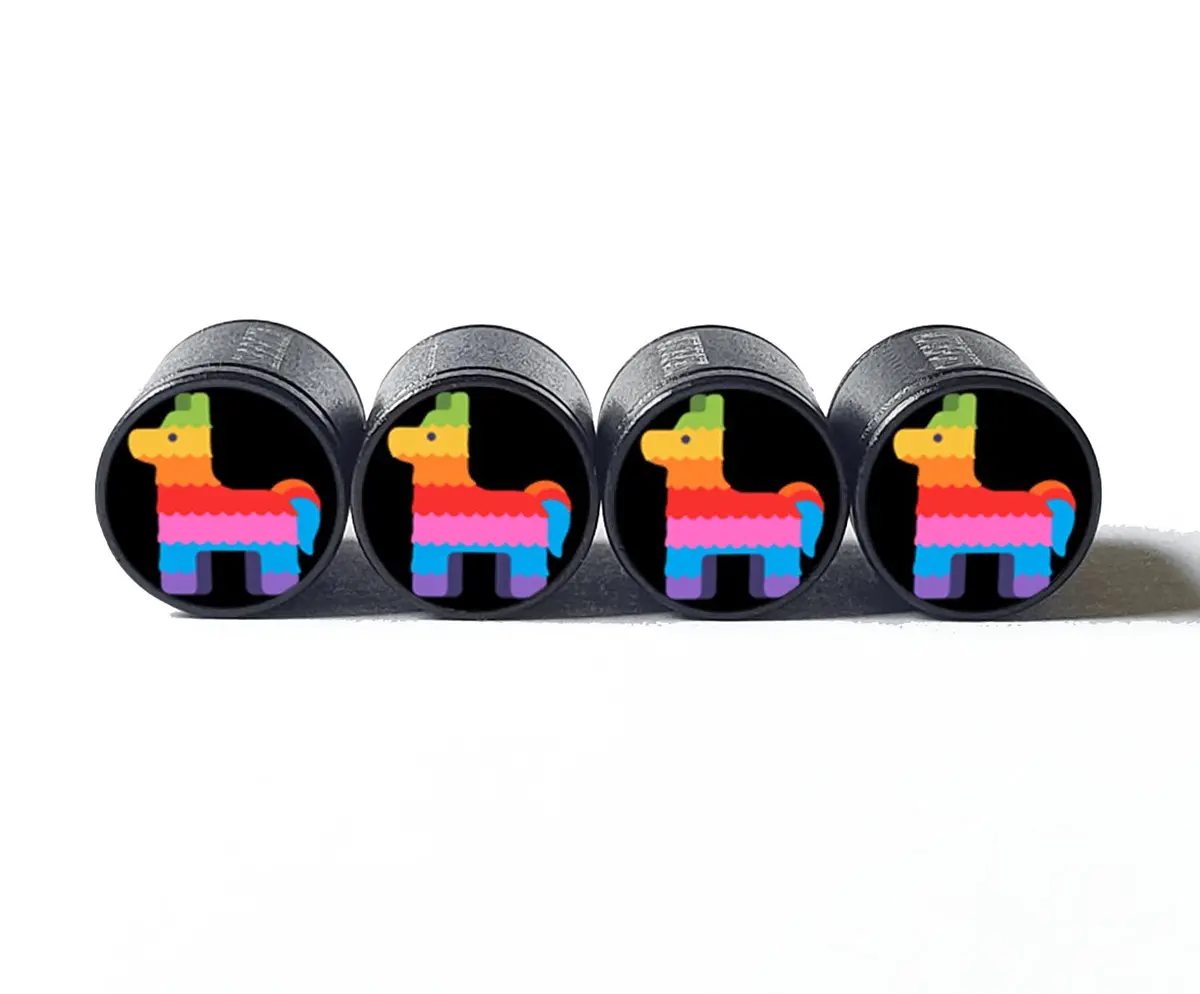Rainbow Pinata Emoji Tire Valve Caps - Black Aluminum - Set Of Four 1