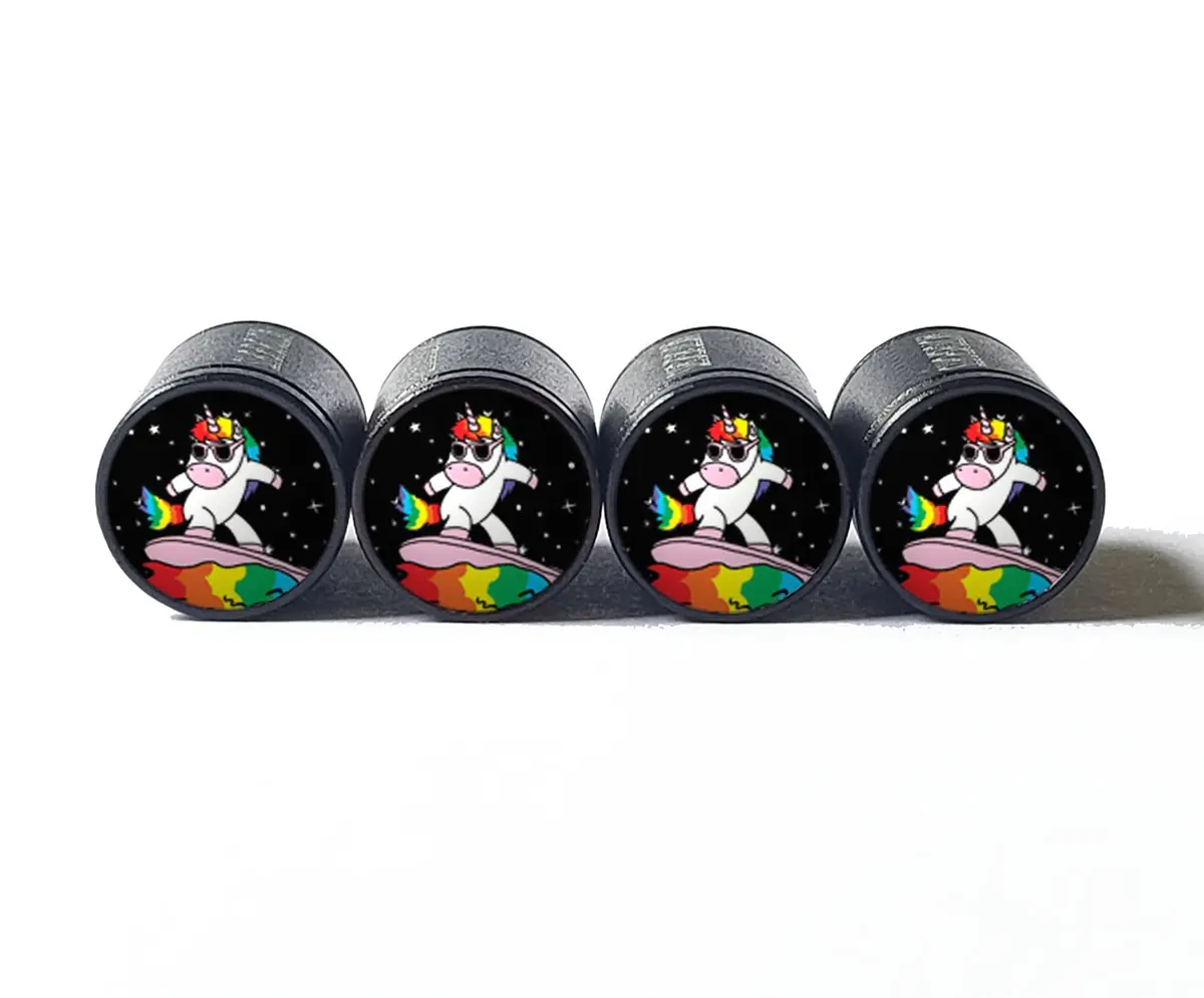 Rainbow Unicorn Surfer Tire Valve Caps - Black Aluminum - Set Of Four 1