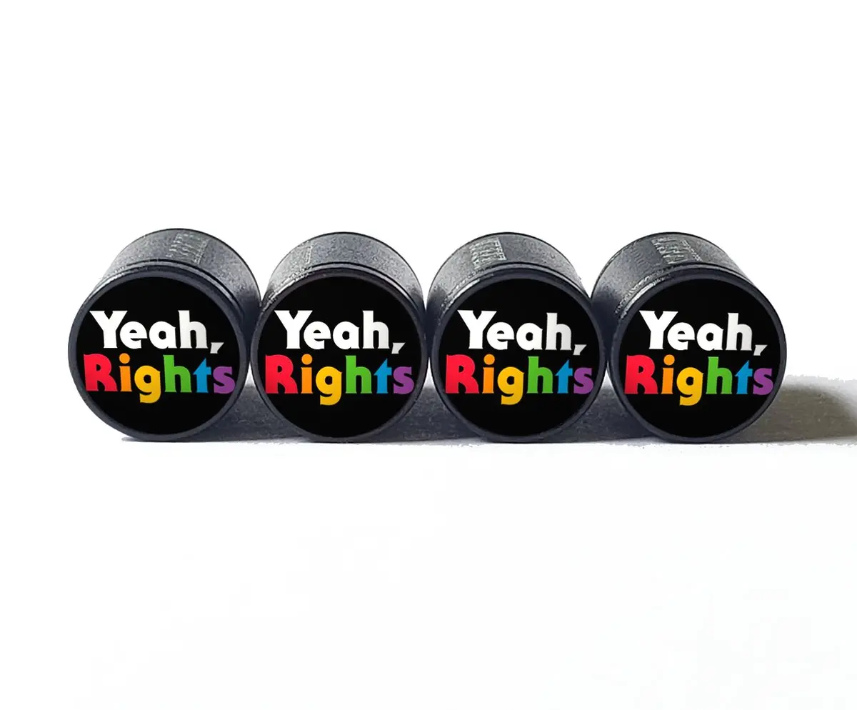 Rainbow "Yeah, Rights" Tire Valve Caps - Black Aluminum - Set Of Four 1