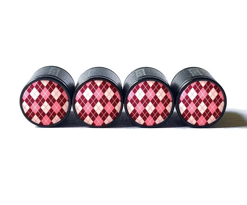 Red And Pink Argyle Tire Valve Stem Caps - Black Aluminum - Set Of 4 1