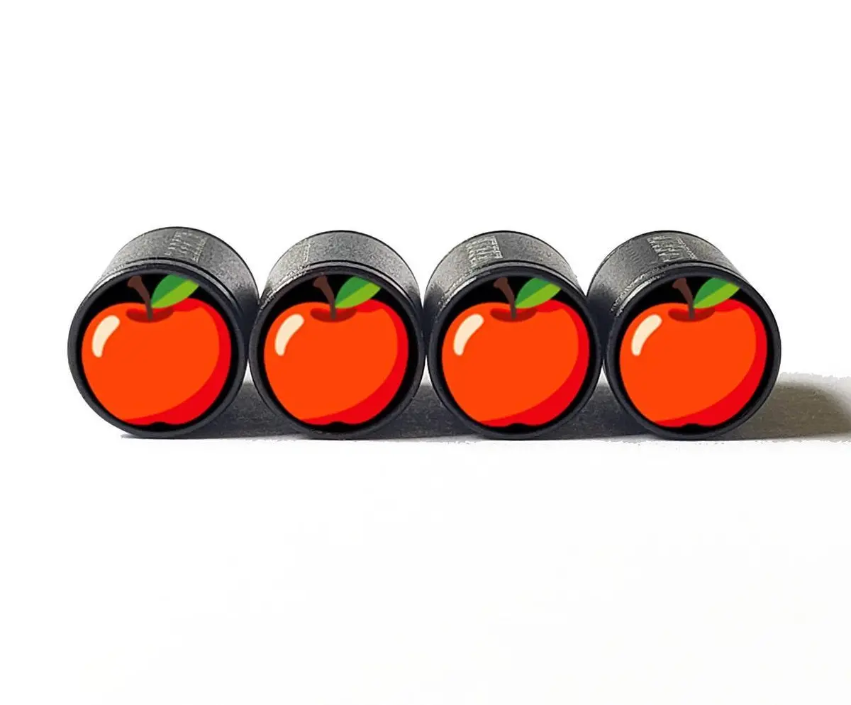 Red Apple Tire Valve Caps - Black Aluminum - Set Of Four 1