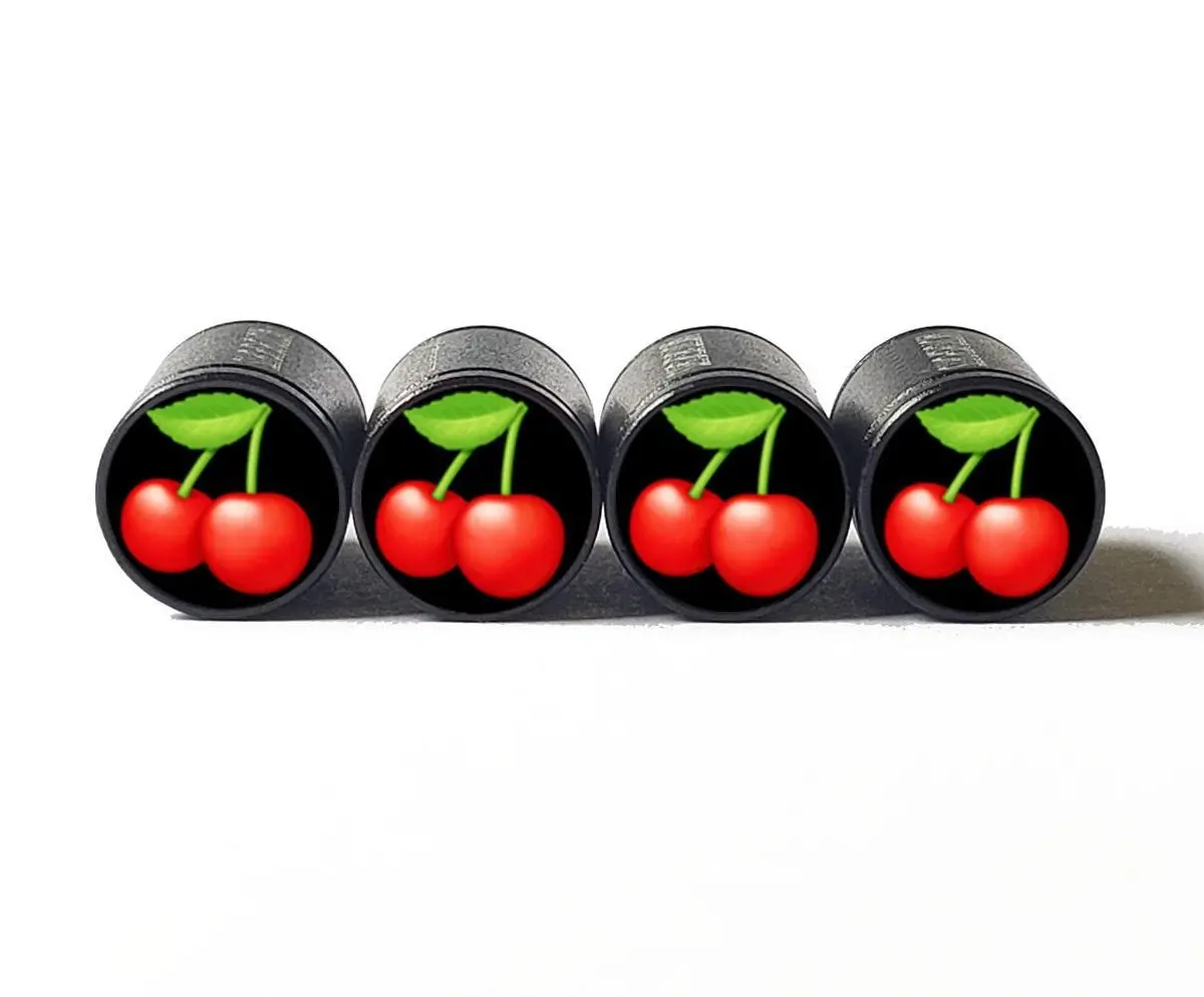 Red Cherries Tire Valve Caps - Black Aluminum - Set Of Four 1