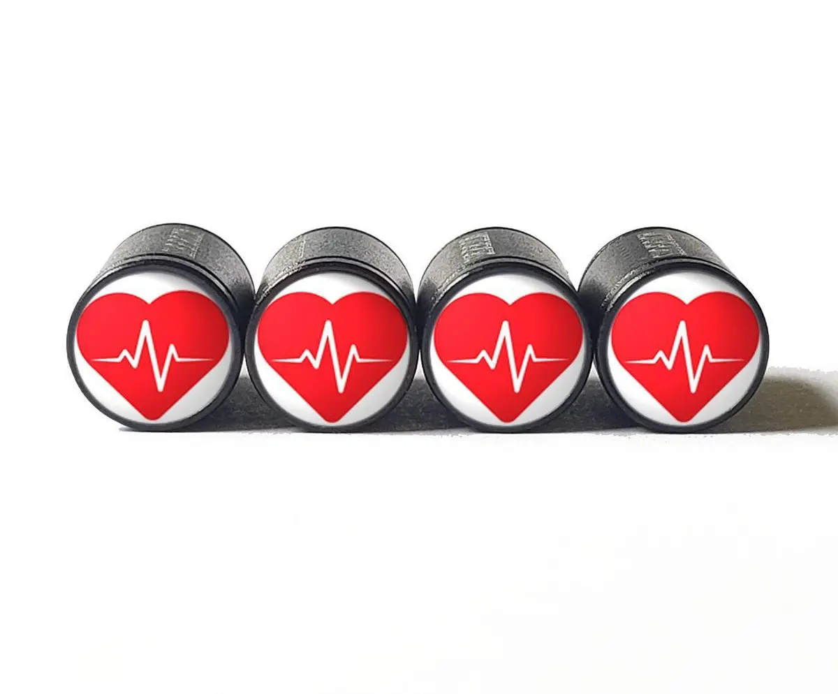 Red Heart With Heartbeat Tire Valve Caps - Black Aluminum - Set Of Four 1