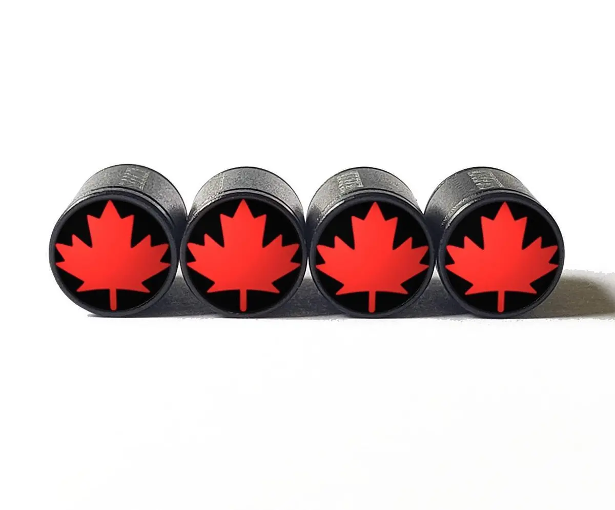 Red Maple Leaf Emoji Tire Valve Caps - Black Aluminum - Set Of Four 1