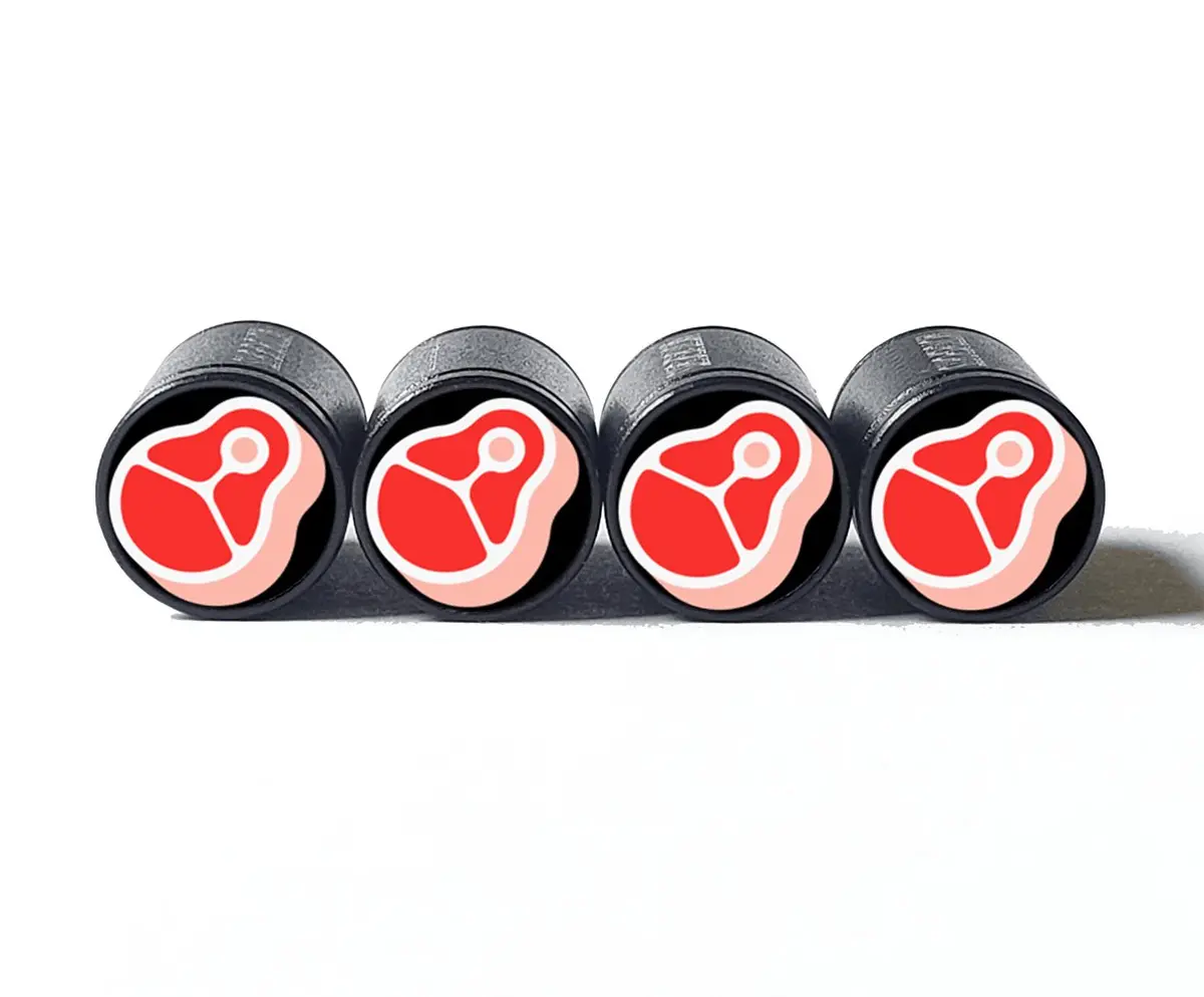 Red Meat Emoji Tire Valve Stem Caps - Black Aluminum - Set Of Four 1
