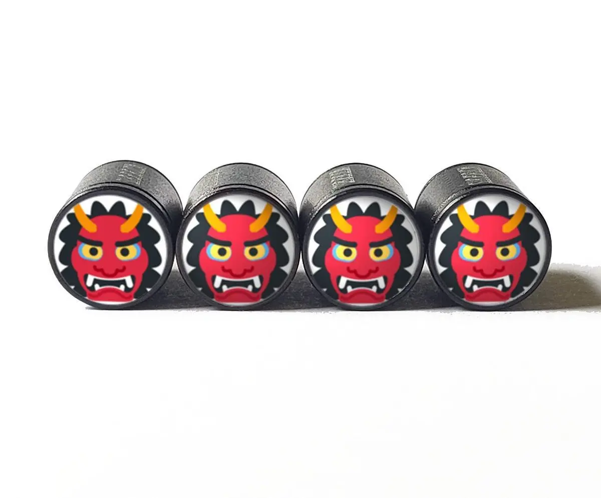 Red Monster Emoji Tire Valve Caps - Black Aluminum - Set Of Four 1