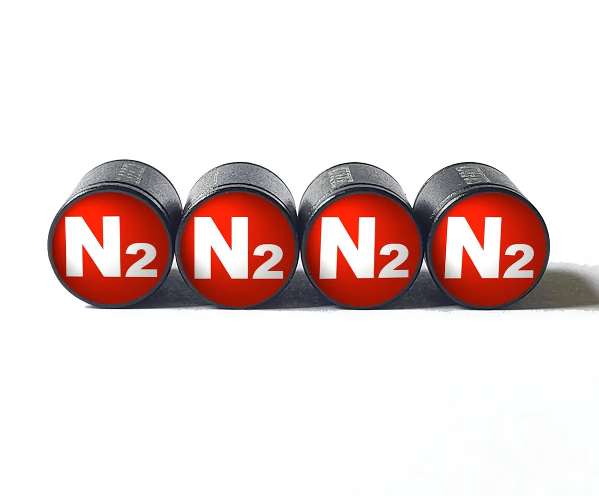 Red N2 Nitrogen Tire Valve Stem Caps - Black Aluminum - Type 1 1