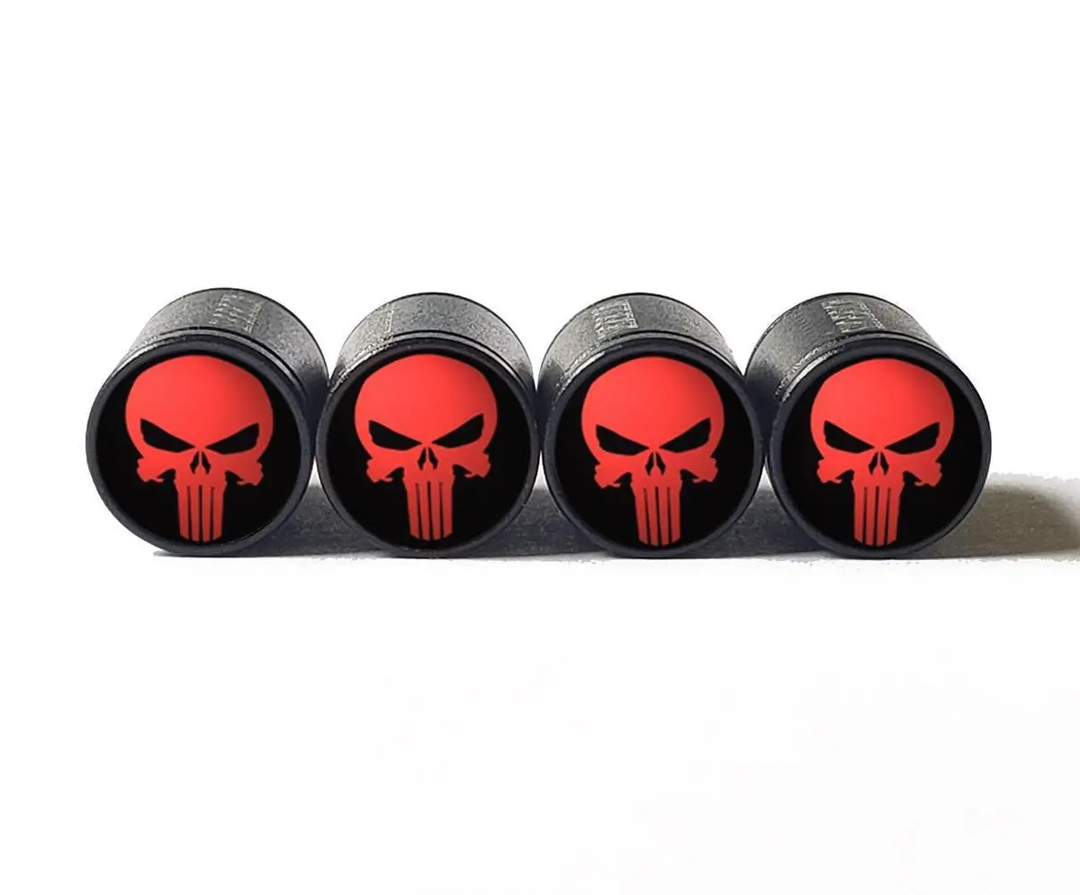 Red Punisher Tire Valve Stem Caps - Black Aluminum - Set Of Four 1