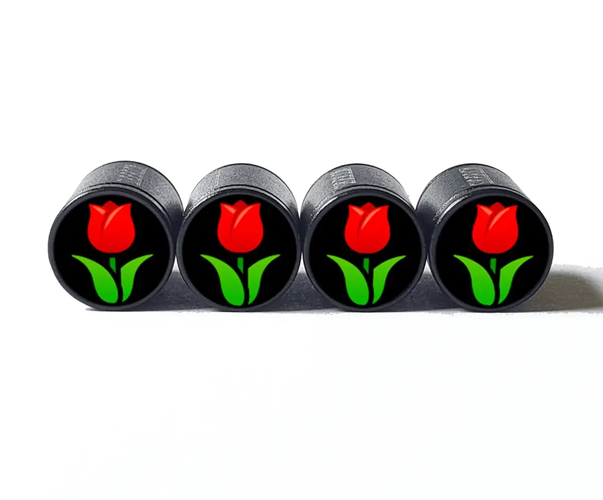 Red Rose Flower Emoji Tire Valve Caps - Black Aluminum - Set Of Four 1