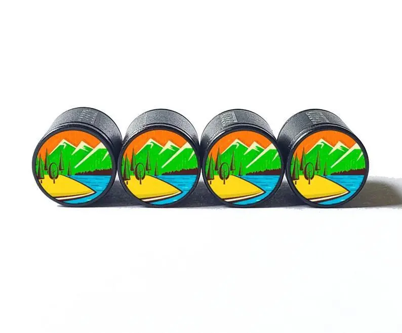 River And Mountains Tire Valve Stem Caps - Black Aluminum - Set Of 4 1