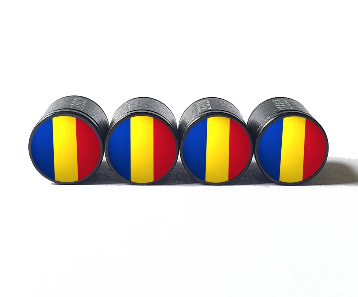 Romania Flag Tire Valve Caps - Black Aluminum - Set Of Four 1